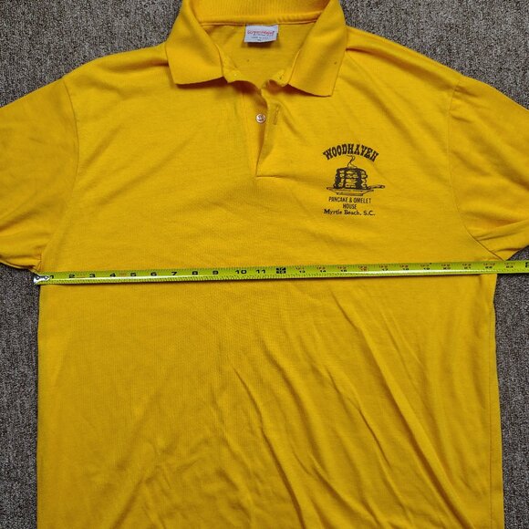 Vintage DINER Polo Men XL Yellow WOODHAVEN PANCAKE OMELETT HOUSE Myrtle Beach SC - Picture 5 of 8